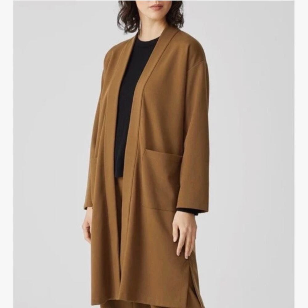 Eileen Fisher Long Open Front Duster Cardigan Camel Brown Tencel Stretch Size L